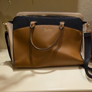 Nicole Miller Tri-Color Leather Satchel in Brown, Black & Cream